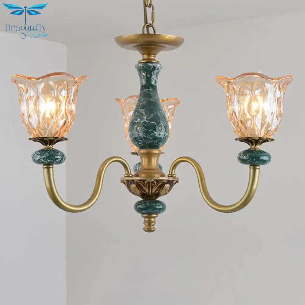 Countryside Flower Pendant Chandelier 3/5/6 Heads Tan Glass Suspension Light In Brass With Ceramics