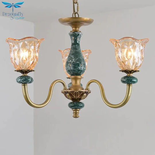 Countryside Flower Pendant Chandelier 3/5/6 Heads Tan Glass Suspension Light In Brass With Ceramics