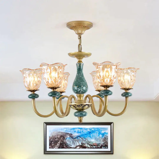 Countryside Flower Pendant Chandelier 3/5/6 Heads Tan Glass Suspension Light In Brass With Ceramics