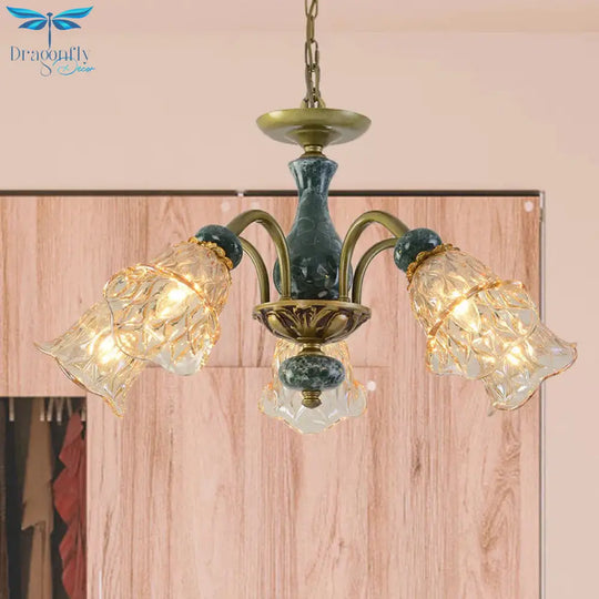 Countryside Flower Pendant Chandelier 3/5/6 Heads Tan Glass Suspension Light In Brass With Ceramics