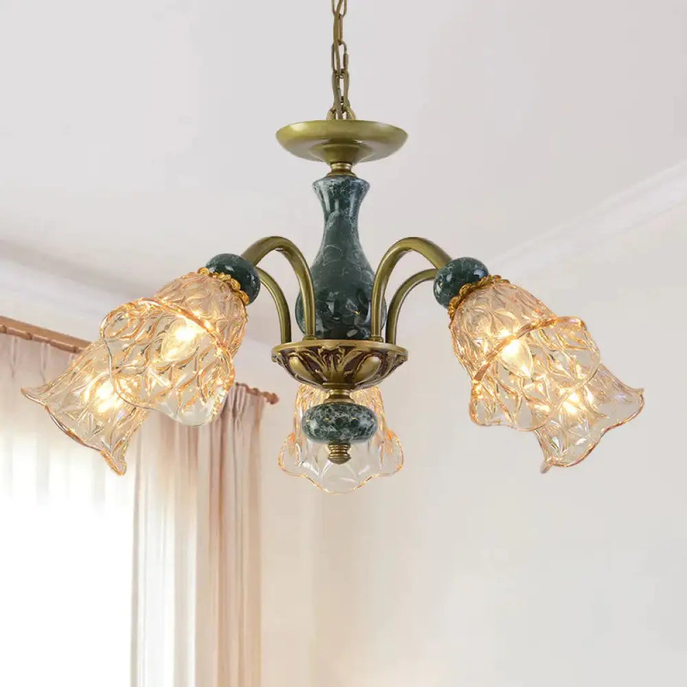 Countryside Flower Pendant Chandelier 3/5/6 Heads Tan Glass Suspension Light In Brass With Ceramics