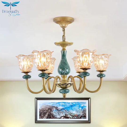Countryside Flower Pendant Chandelier 3/5/6 Heads Tan Glass Suspension Light In Brass With Ceramics