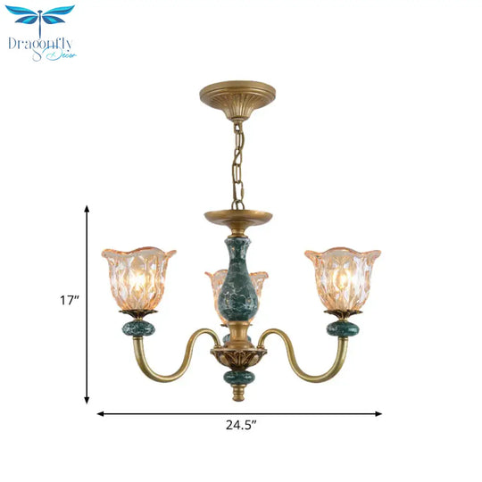 Countryside Flower Pendant Chandelier 3/5/6 Heads Tan Glass Suspension Light In Brass With Ceramics