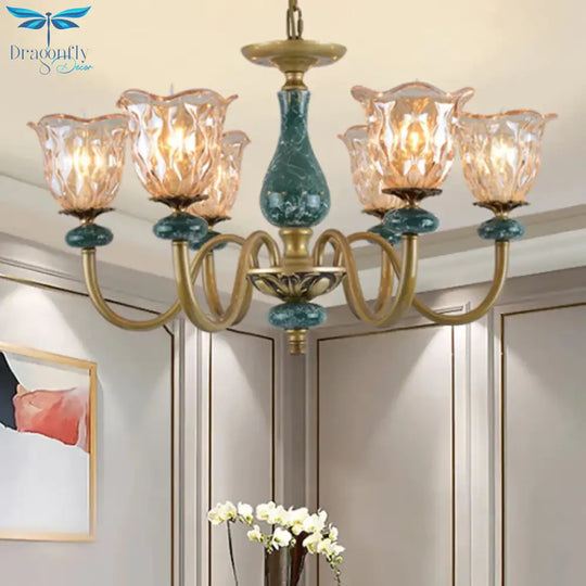 Countryside Flower Pendant Chandelier 3/5/6 Heads Tan Glass Suspension Light In Brass With Ceramics