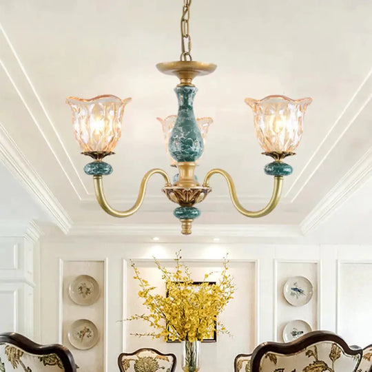 Countryside Flower Pendant Chandelier 3/5/6 Heads Tan Glass Suspension Light In Brass With Ceramics