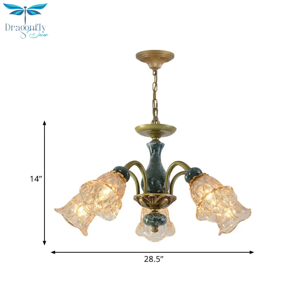 Countryside Flower Pendant Chandelier 3/5/6 Heads Tan Glass Suspension Light In Brass With Ceramics