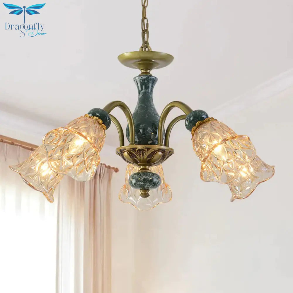 Countryside Flower Pendant Chandelier 3/5/6 Heads Tan Glass Suspension Light In Brass With Ceramics