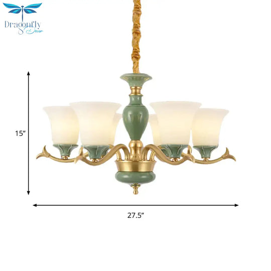 Countryside Green Bell Shaped Frosted Glass Suspension Light 3/6 Bulbs