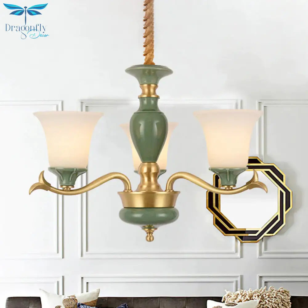 Countryside Green Bell Shaped Frosted Glass Suspension Light 3/6 Bulbs