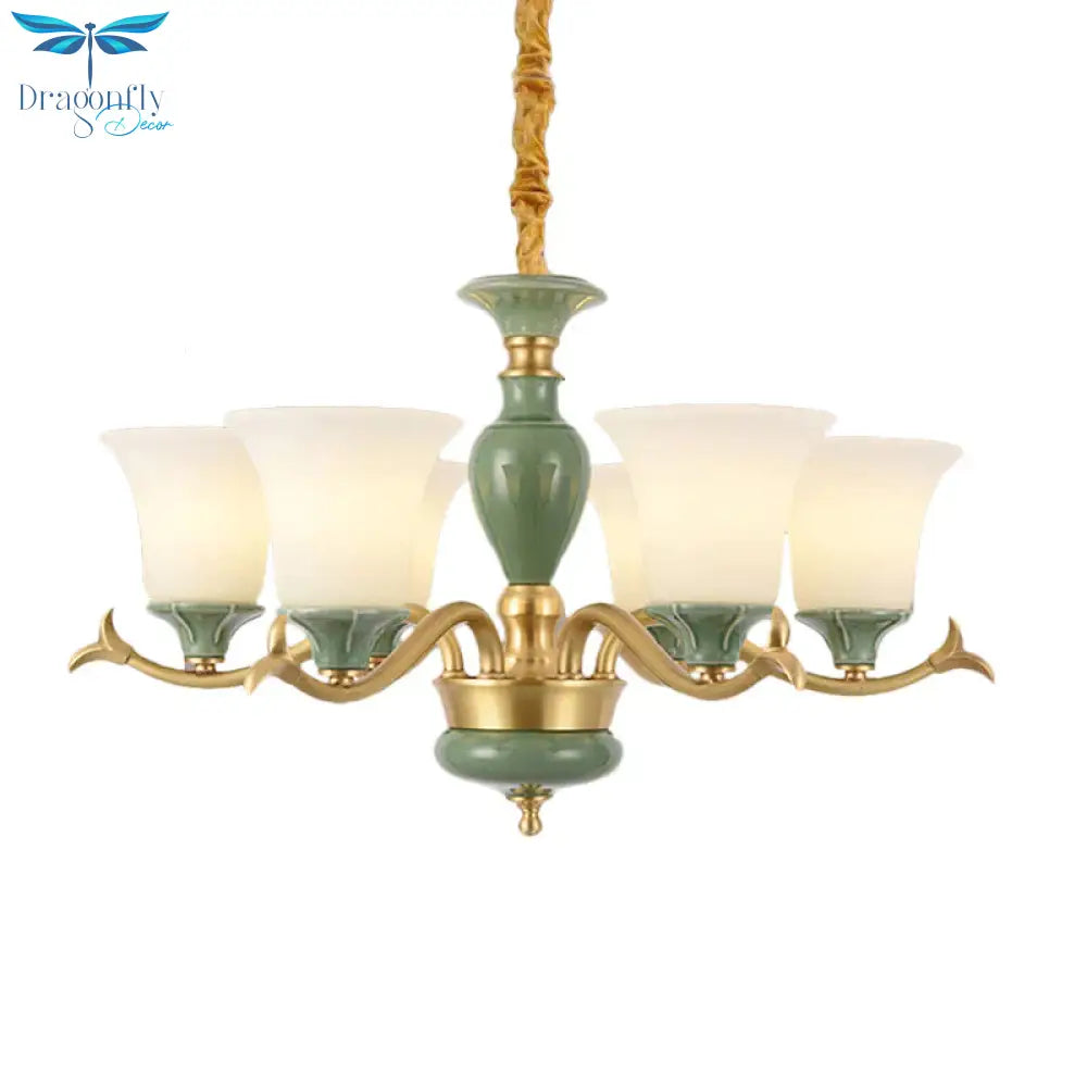 Countryside Green Bell Shaped Frosted Glass Suspension Light 3/6 Bulbs