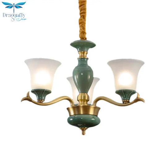 Countryside Green Bell Shaped Frosted Glass Suspension Light 3/6 Bulbs