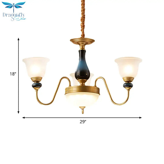 Countryside Style Brass Cream Glass Suspension Lamp In 3/5/6 Lights Floral Shade Pendant Chandelier
