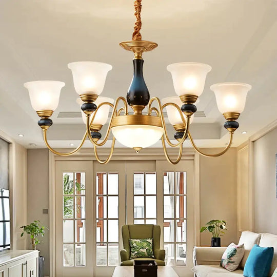 Countryside Style Brass Cream Glass Suspension Lamp In 3/5/6 Lights Floral Shade Pendant Chandelier