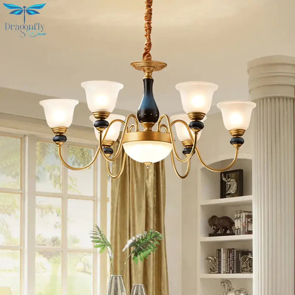 Countryside Style Brass Cream Glass Suspension Lamp In 3/5/6 Lights Floral Shade Pendant Chandelier