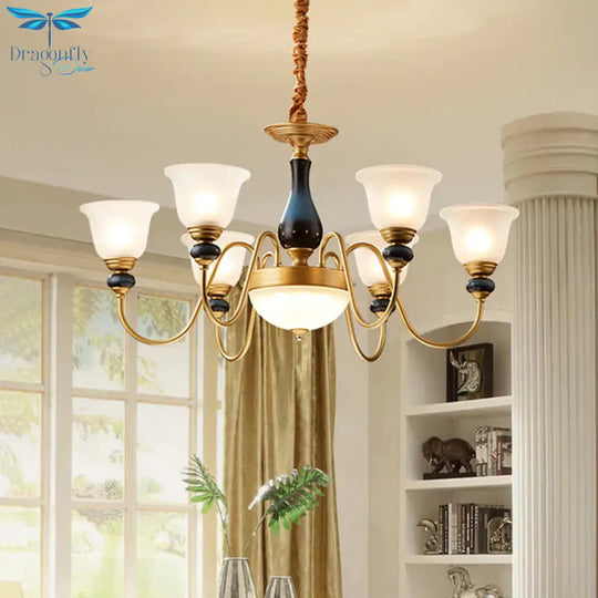 Countryside Style Brass Cream Glass Suspension Lamp In 3/5/6 Lights Floral Shade Pendant Chandelier