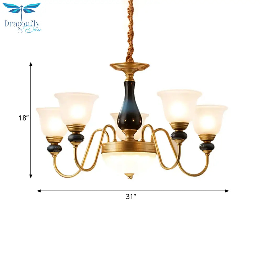 Countryside Style Brass Cream Glass Suspension Lamp In 3/5/6 Lights Floral Shade Pendant Chandelier