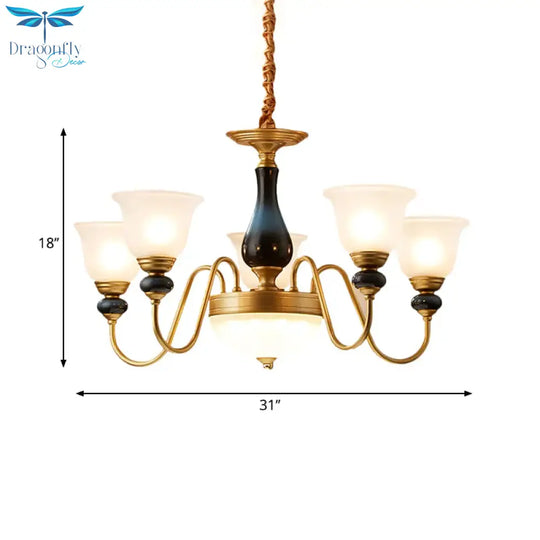 Countryside Style Brass Cream Glass Suspension Lamp In 3/5/6 Lights Floral Shade Pendant Chandelier
