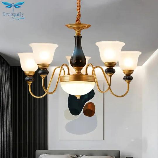 Countryside Style Brass Cream Glass Suspension Lamp In 3/5/6 Lights Floral Shade Pendant Chandelier