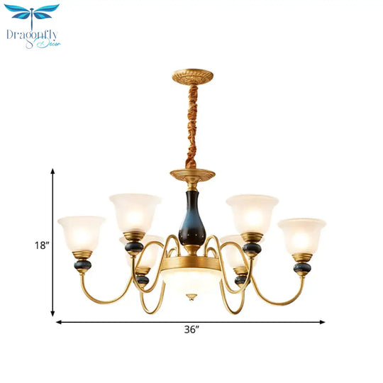 Countryside Style Brass Cream Glass Suspension Lamp In 3/5/6 Lights Floral Shade Pendant Chandelier