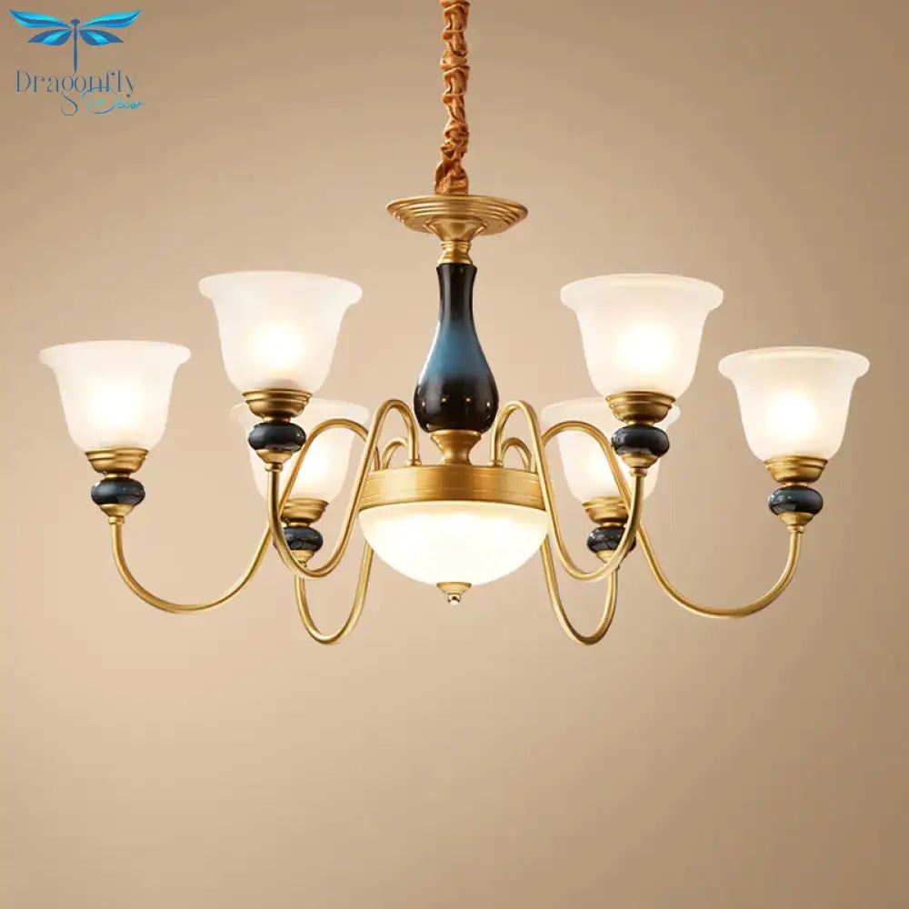 Countryside Style Brass Cream Glass Suspension Lamp In 3/5/6 Lights Floral Shade Pendant Chandelier