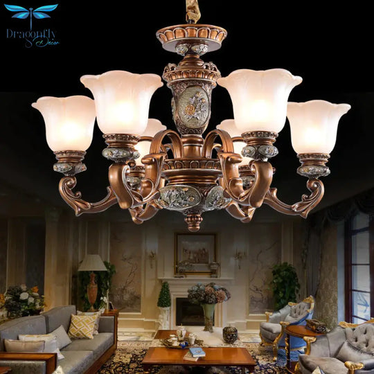 Cream Glass Brown Chandelier Lighting Fixture Floral Shade 6/8 - Light Antiqued Suspension Pendant