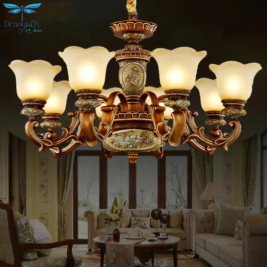 Cream Glass Brown Chandelier Lighting Fixture Floral Shade 6/8 - Light Antiqued Suspension Pendant