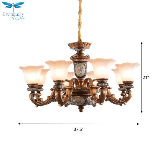 Cream Glass Brown Chandelier Lighting Fixture Floral Shade 6/8 - Light Antiqued Suspension Pendant
