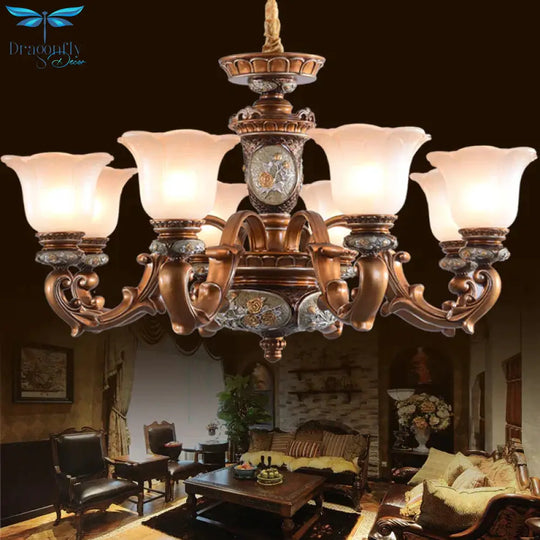 Cream Glass Brown Chandelier Lighting Fixture Floral Shade 6/8 - Light Antiqued Suspension Pendant