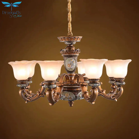 Cream Glass Brown Chandelier Lighting Fixture Floral Shade 6/8 - Light Antiqued Suspension Pendant