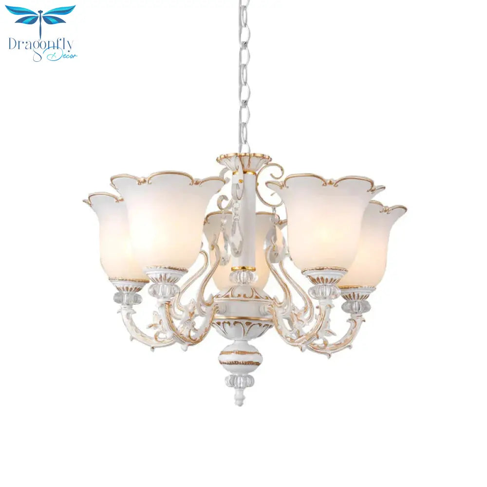 Cream Glass Floral Chandelier Light Traditional 3/5/6 Lights Bedroom Suspension Pendant In Beige