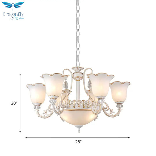 Cream Glass Floral Chandelier Light Traditional 3/5/6 Lights Bedroom Suspension Pendant In Beige