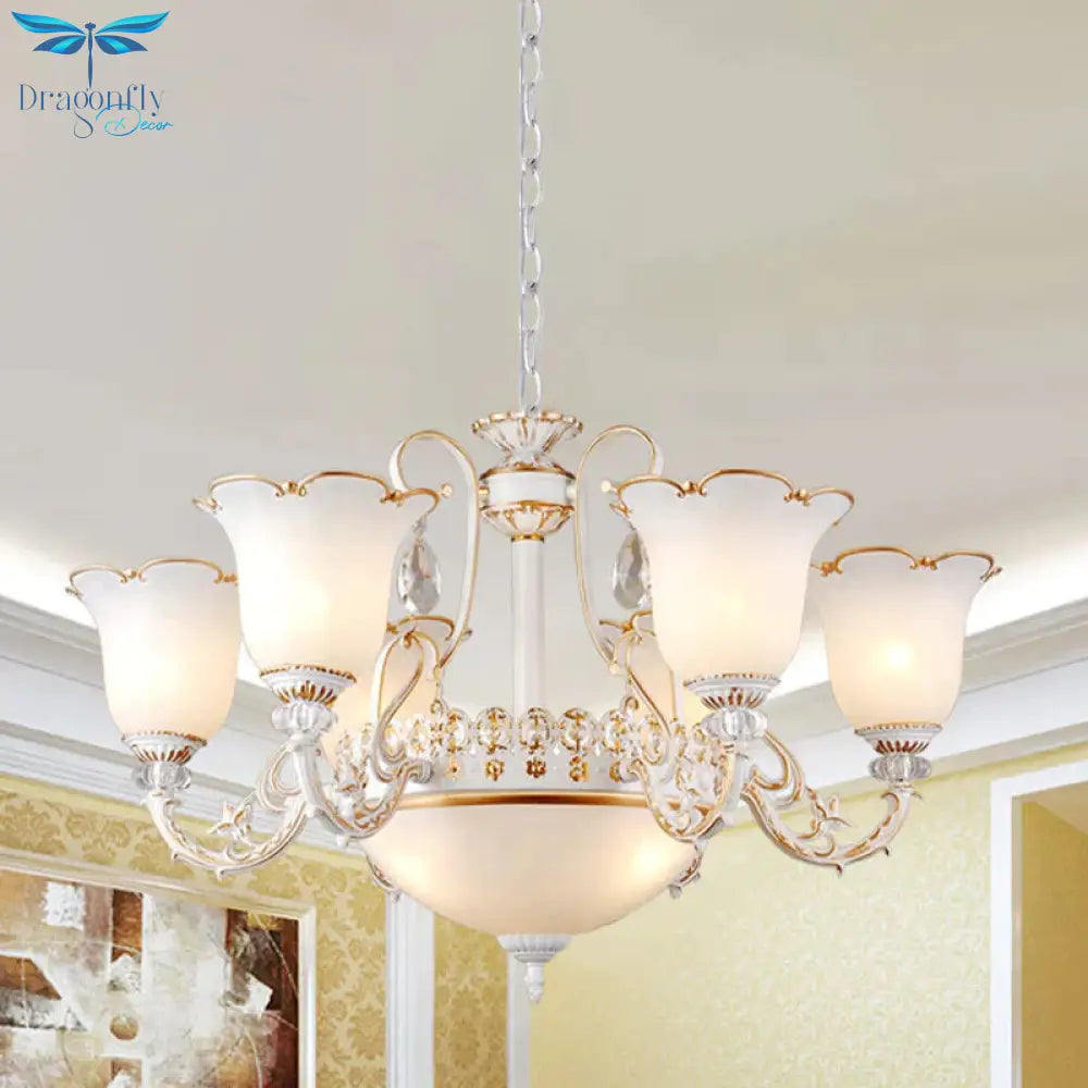 Cream Glass Floral Chandelier Light Traditional 3/5/6 Lights Bedroom Suspension Pendant In Beige