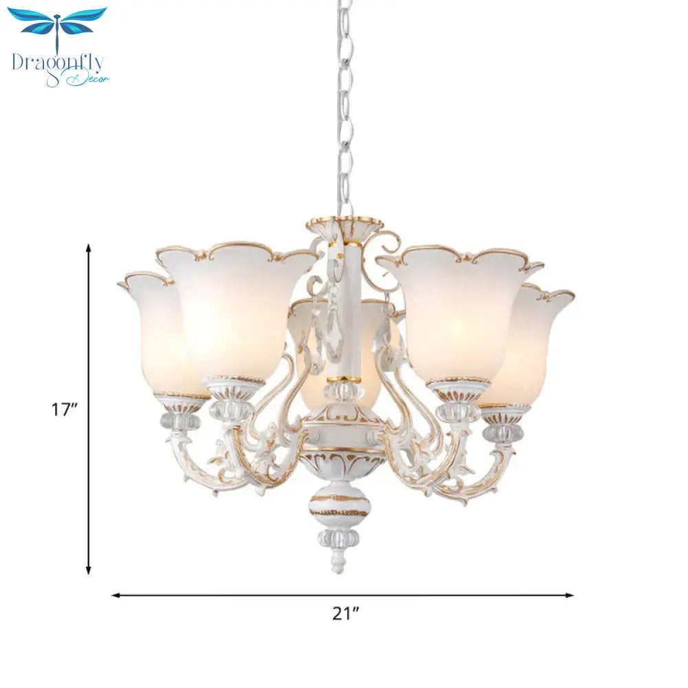 Cream Glass Floral Chandelier Light Traditional 3/5/6 Lights Bedroom Suspension Pendant In Beige