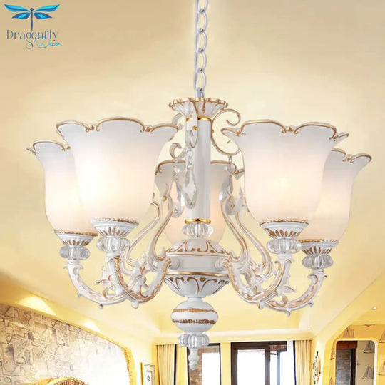 Cream Glass Floral Chandelier Light Traditional 3/5/6 Lights Bedroom Suspension Pendant In Beige