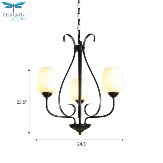 Cream Glass Tulip Chandelier Lamp Vintage 3/6/8 Bulbs Dining Room Pendant In Black With Raindrop