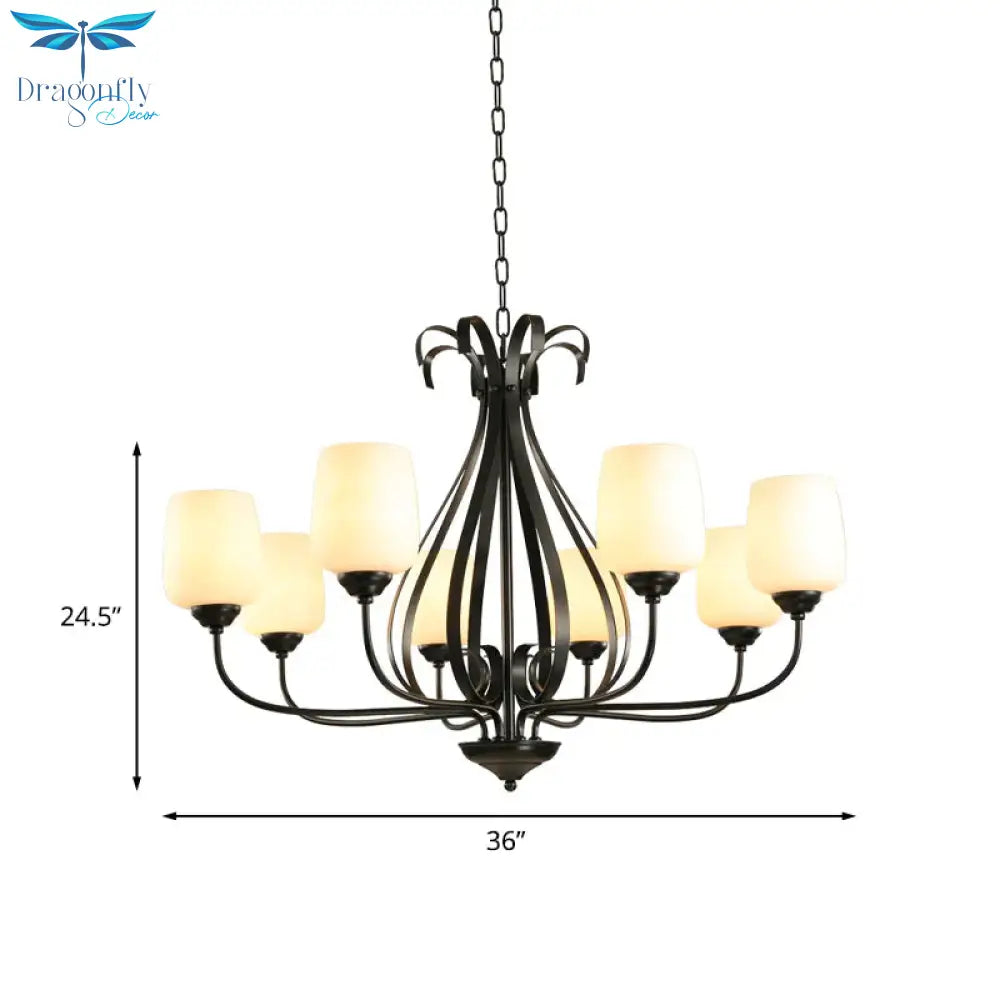 Cream Glass Tulip Chandelier Lamp Vintage 3/6/8 Bulbs Dining Room Pendant In Black With Raindrop