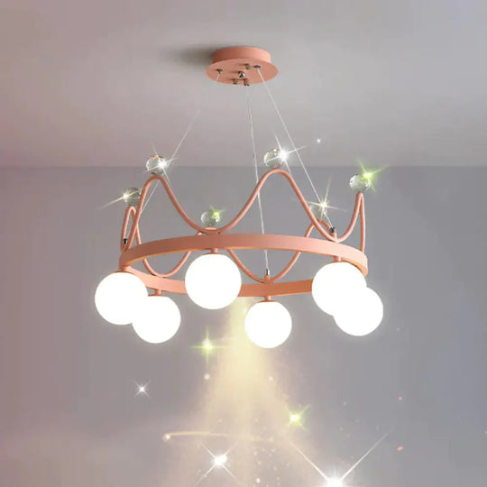 Crown Iron Chandelier Lighting Kid 6 Bulbs Pink/Gold Pendant Lamp With Orb Glass Shade And Crystal