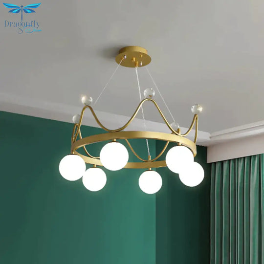 Crown Iron Chandelier Lighting Kid 6 Bulbs Pink/Gold Pendant Lamp With Orb Glass Shade And Crystal