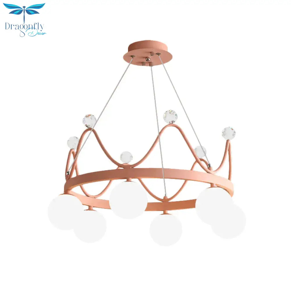 Crown Iron Chandelier Lighting Kid 6 Bulbs Pink/Gold Pendant Lamp With Orb Glass Shade And Crystal