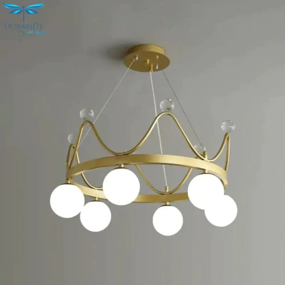 Crown Iron Chandelier Lighting Kid 6 Bulbs Pink/Gold Pendant Lamp With Orb Glass Shade And Crystal