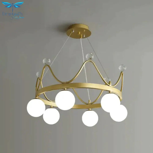 Crown Iron Chandelier Lighting Kid 6 Bulbs Pink/Gold Pendant Lamp With Orb Glass Shade And Crystal