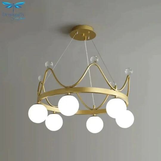 Crown Iron Chandelier Lighting Kid 6 Bulbs Pink/Gold Pendant Lamp With Orb Glass Shade And Crystal