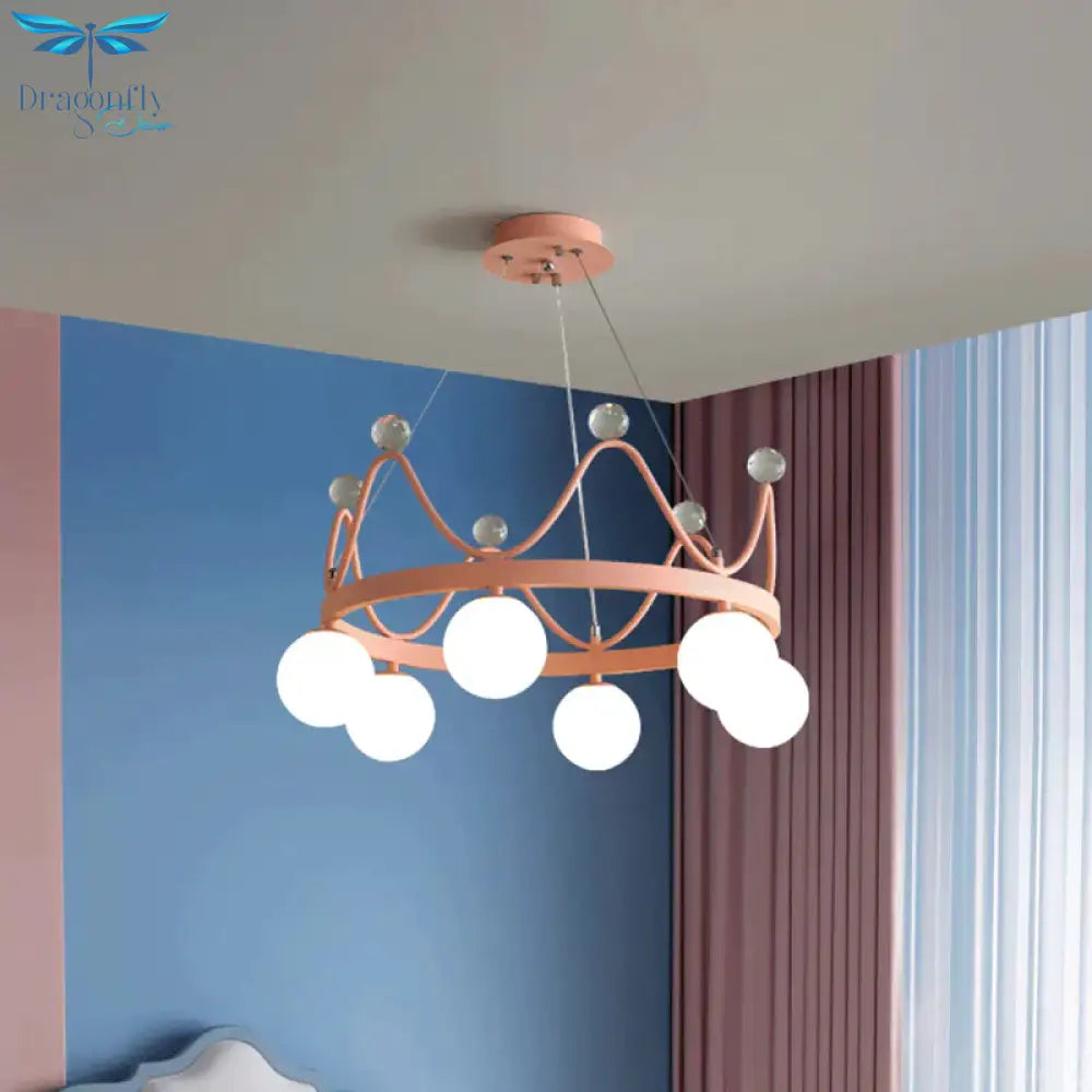 Crown Iron Chandelier Lighting Kid 6 Bulbs Pink/Gold Pendant Lamp With Orb Glass Shade And Crystal