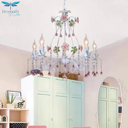 Crystal Ball Pink Pendant Chandelier Candlestick 5 Lights Countryside Ceiling Hang Fixture For
