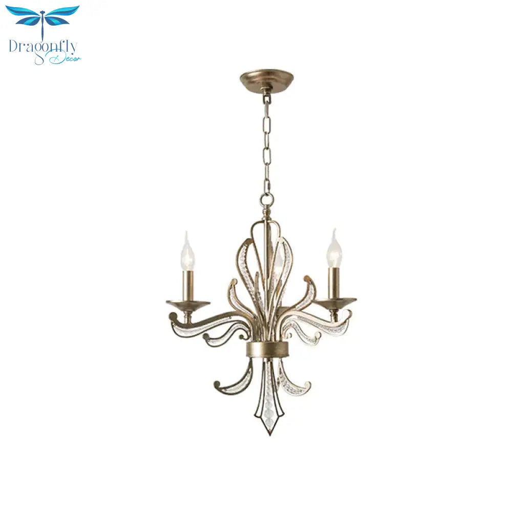Crystal Beaded Antiqued Silver Drop Lamp Foliage Candelabrum 3 Heads Rural Chandelier