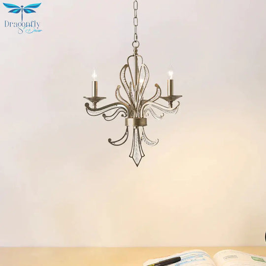 Crystal Beaded Antiqued Silver Drop Lamp Foliage Candelabrum 3 Heads Rural Chandelier