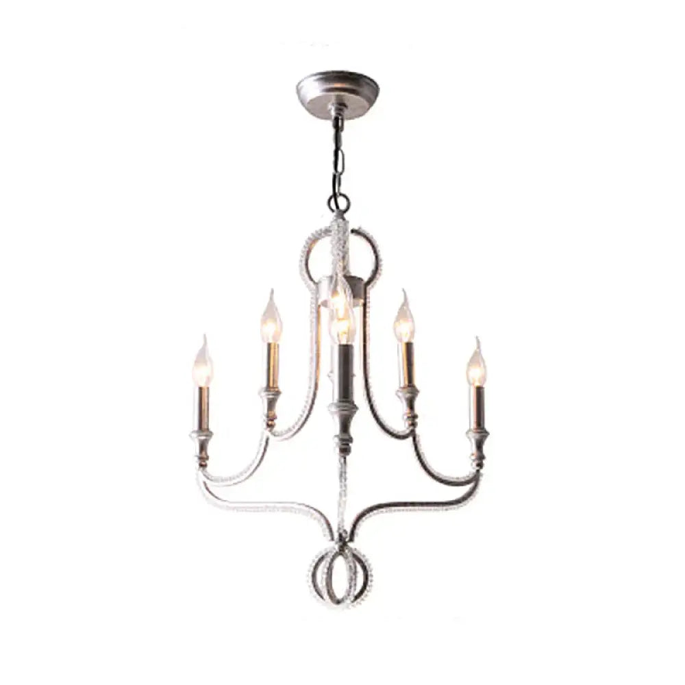 Crystal Beaded Chandelier Light Traditional 6 Heads Aged Silver Suspended Lighting Fixture