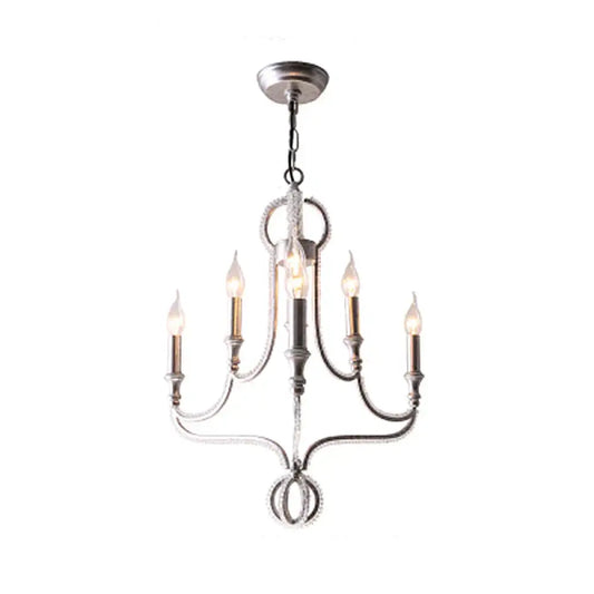 Crystal Beaded Chandelier Light Traditional 6 Heads Aged Silver Suspended Lighting Fixture