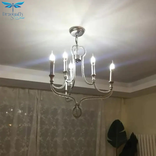 Crystal Beaded Chandelier Light Traditional 6 Heads Aged Silver Suspended Lighting Fixture