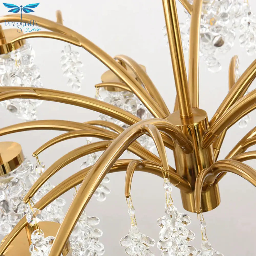 Crystal Beaded Gold Hanging Light Kit Grape Shape 6/8 Heads Bedroom Chandelier Fixture